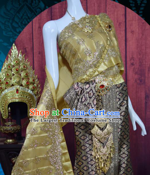 Asian Thai Wedding Bride Uniforms Traditional Thailand Embroidery Golden Blouse and Grey Skirt Court Dress Clothing