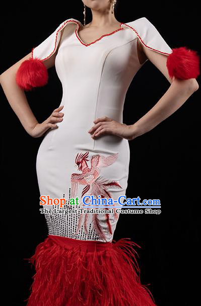 Top Grade Catwalks Red Feather Fishtail Dress Annual Meeting Compere Full Dress Stage Show Clothing