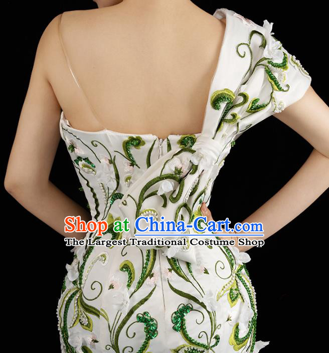 Top Grade Catwalks Embroidered Trailing Dress Stage Show Compere Clothing Annual Meeting Single Shoulder Full Dress