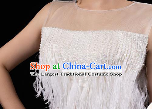 Top Grade Annual Meeting Embroidery Sequins Full Dress Catwalks White Feather Slim Dress Stage Show Compere Clothing
