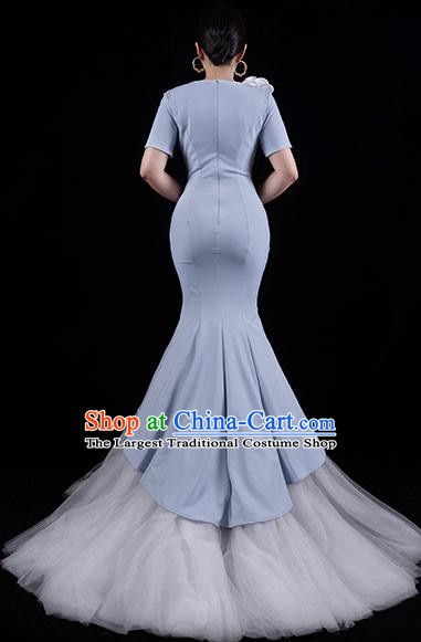 Top Grade Annual Meeting Light Blue Full Dress Catwalks White Veil Trailing Dress Stage Show Compere Clothing
