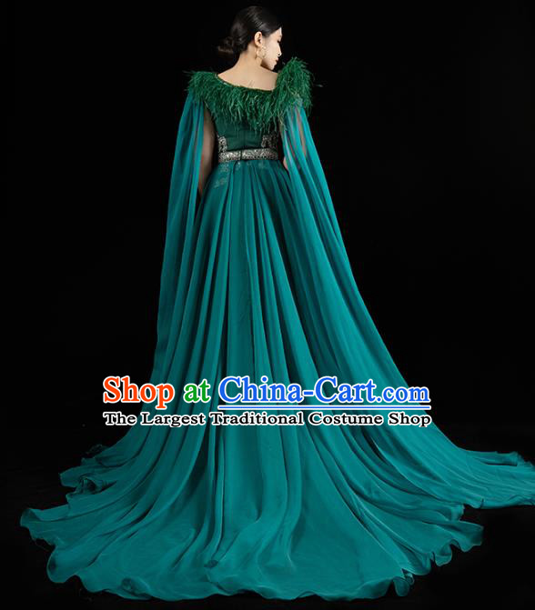 Top Grade Annual Meeting Deep Green Full Dress Catwalks Compere Trailing Dress Stage Show Clothing with Cape