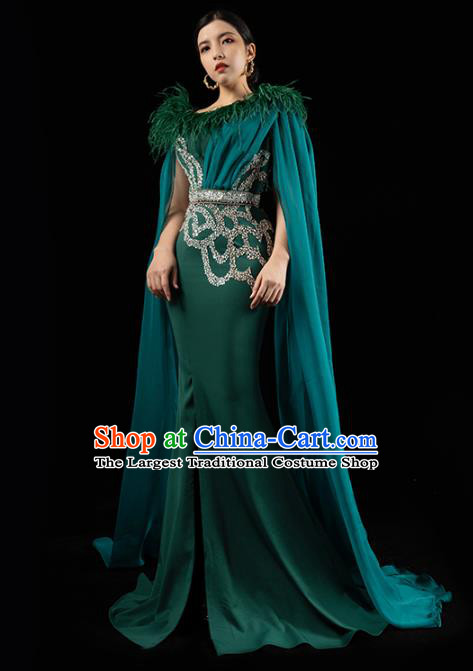 Top Grade Annual Meeting Deep Green Full Dress Catwalks Compere Trailing Dress Stage Show Clothing with Cape