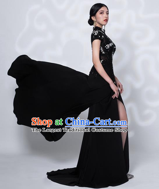 Chinese Stage Show Embroidery Beads Black Qipao Dress Catwalks Modern Cheongsam Costume