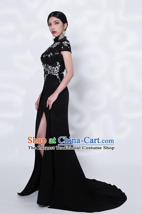 Chinese Stage Show Embroidery Beads Black Qipao Dress Catwalks Modern Cheongsam Costume