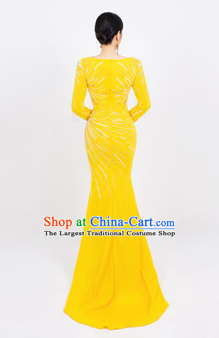 Top Grade Stage Show Clothing Annual Meeting Embroidery Beads Full Dress Catwalks Compere Yellow Trailing Dress