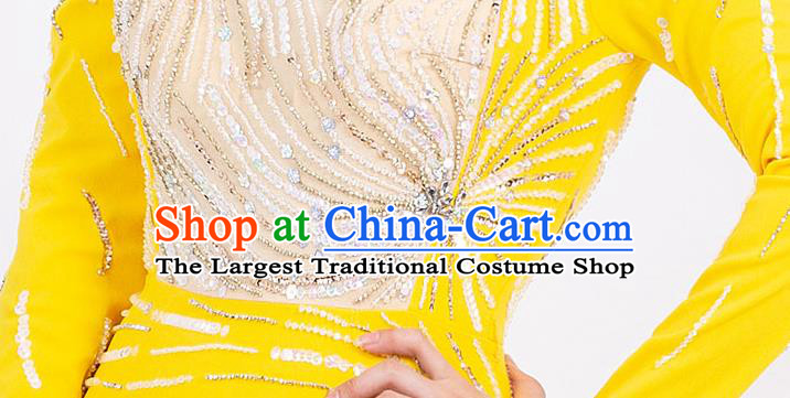 Top Grade Stage Show Clothing Annual Meeting Embroidery Beads Full Dress Catwalks Compere Yellow Trailing Dress