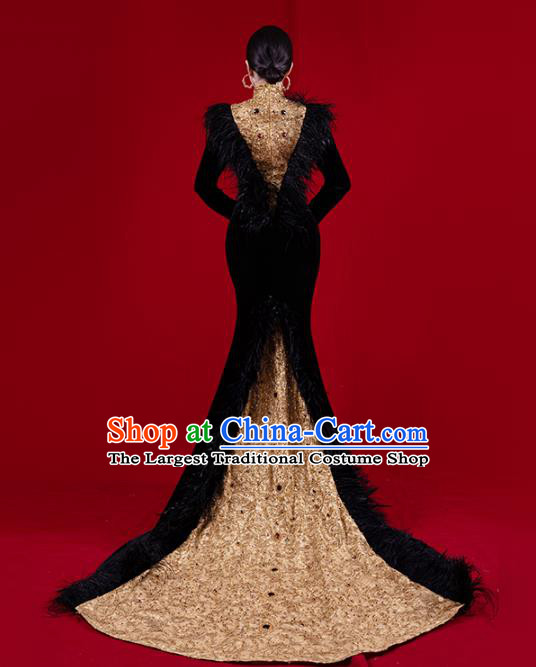 Top Grade Catwalks Compere Black Feather Trailing Dress Stage Show Clothing Annual Meeting Embroidery Beads Full Dress