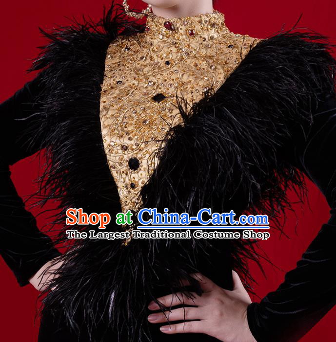 Top Grade Catwalks Compere Black Feather Trailing Dress Stage Show Clothing Annual Meeting Embroidery Beads Full Dress
