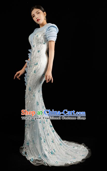 Top Grade Annual Meeting Embroidery Full Dress Catwalks Compere Light Blue Dress Stage Show Clothing