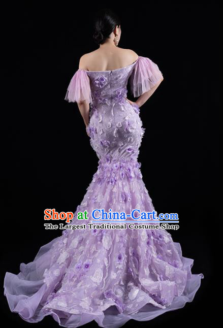 Top Grade Stage Show Clothing Annual Meeting Off Shoulder Full Dress Catwalks Compere Purple Trailing Dress