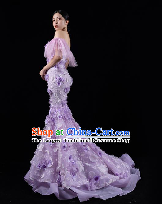 Top Grade Stage Show Clothing Annual Meeting Off Shoulder Full Dress Catwalks Compere Purple Trailing Dress