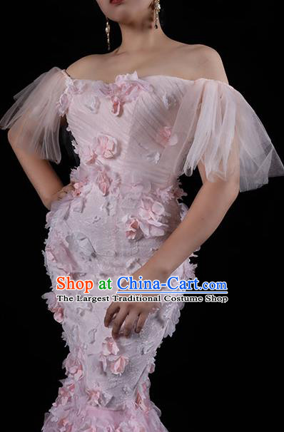 Top Grade Catwalks Compere Pink Flowers Trailing Dress Stage Show Clothing Annual Meeting Off Shoulder Full Dress