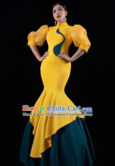 Chinese Stage Show Yellow Fishtail Qipao Dress Catwalks Costume Modern Cheongsam