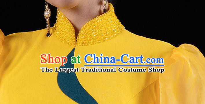 Chinese Stage Show Yellow Fishtail Qipao Dress Catwalks Costume Modern Cheongsam