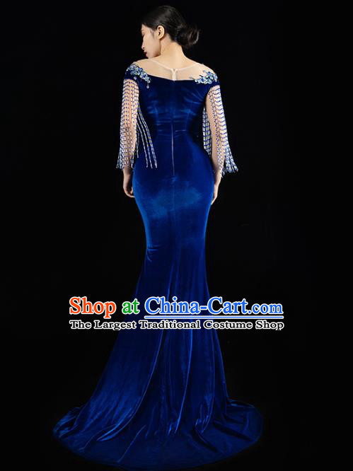 Top Grade Catwalks Royalblue Velvet Tassel Dress Stage Show Clothing Annual Meeting Trailing Full Dress