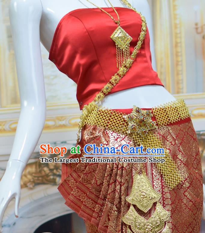 Traditional Thailand Court Bride Dress Clothing Asian Thai Wedding Uniforms Red Top and Brocade Skirt