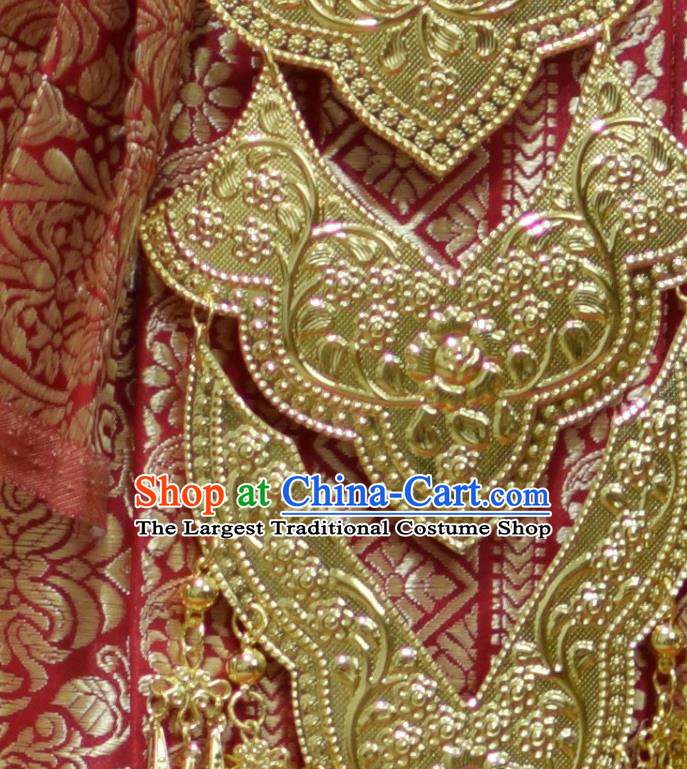 Traditional Thailand Court Bride Dress Clothing Asian Thai Wedding Uniforms Red Top and Brocade Skirt