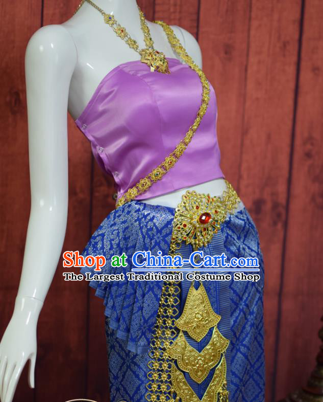 Asian Thai Wedding Uniforms Lilac Top and Royalblue Brocade Skirt Traditional Thailand Court Bride Dress Clothing