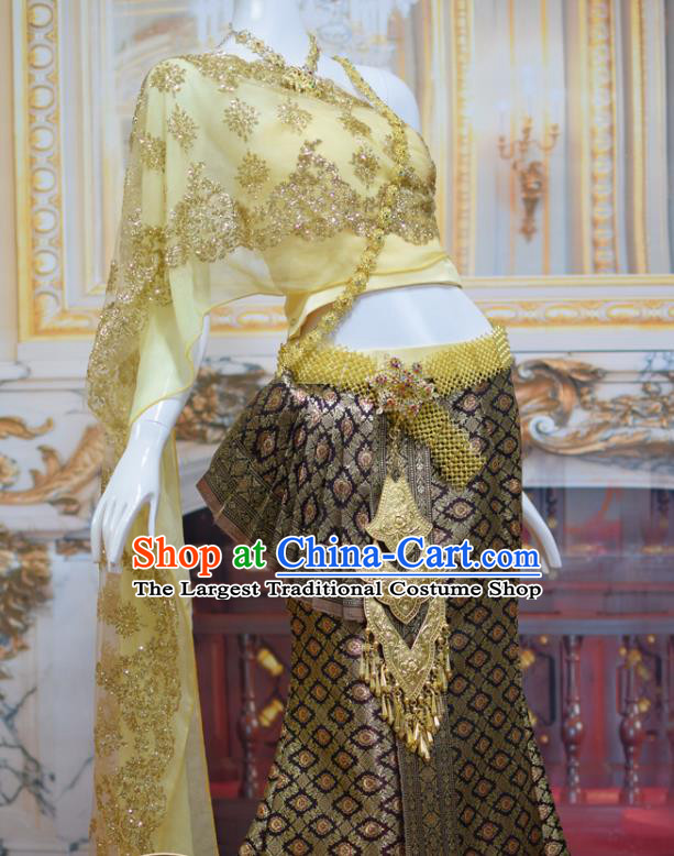 Traditional Thailand Court Concubine Dress Clothing Asian Thai Wedding Uniforms Yellow Top and Brown Brocade Skirt