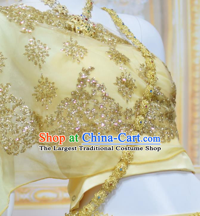 Traditional Thailand Court Concubine Dress Clothing Asian Thai Wedding Uniforms Yellow Top and Brown Brocade Skirt