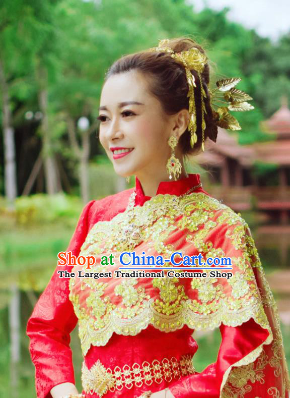 Asian Thai Dress Clothing Wedding Uniforms Traditional Thailand Red Blouse and Brocade Skirt