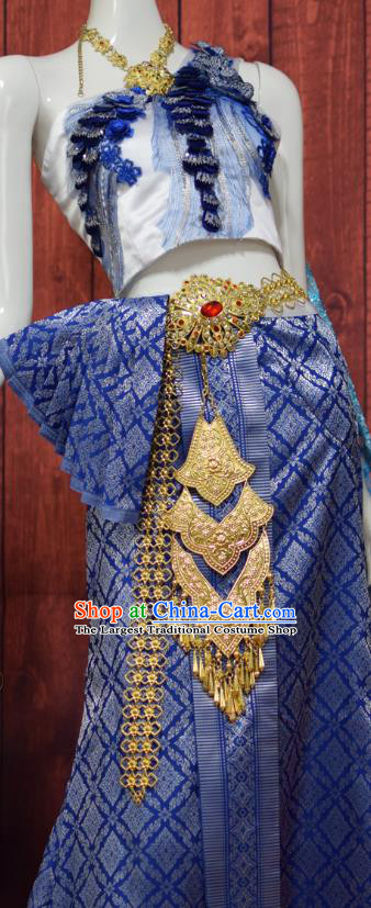 Traditional Thailand Embroidery Top and Royalblue Brocade Skirt Dress Clothing Asian Thai Court Concubine Uniforms