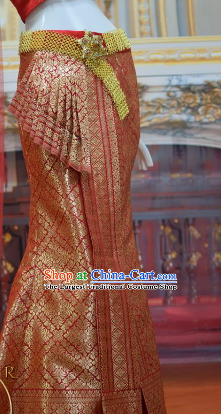 Asian Thai Court Concubine Uniforms Thailand Embroidery Red Top and Brocade Skirt Traditional Dress Clothing