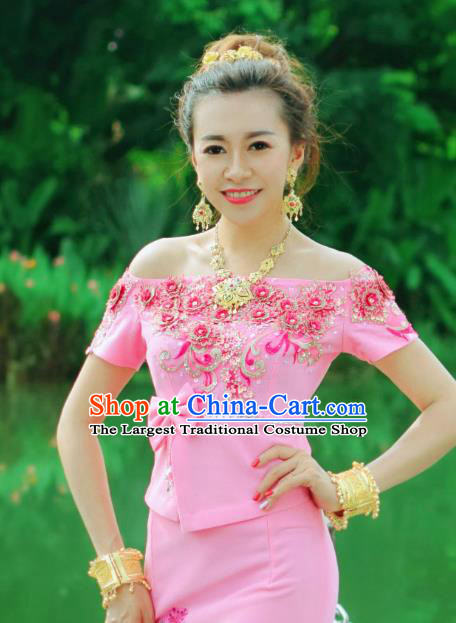 Traditional Thailand Embroidery Sequins Blouse and Pink Skirt Asian Thai Wedding Uniforms Dress Clothing