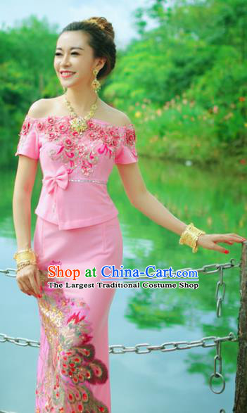 Traditional Thailand Embroidery Sequins Blouse and Pink Skirt Asian Thai Wedding Uniforms Dress Clothing