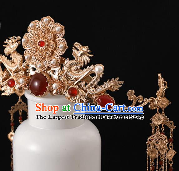 China Ancient Empress Golden Dragon Hair Crown Traditional Ming Dynasty Hanfu Hair Accessories
