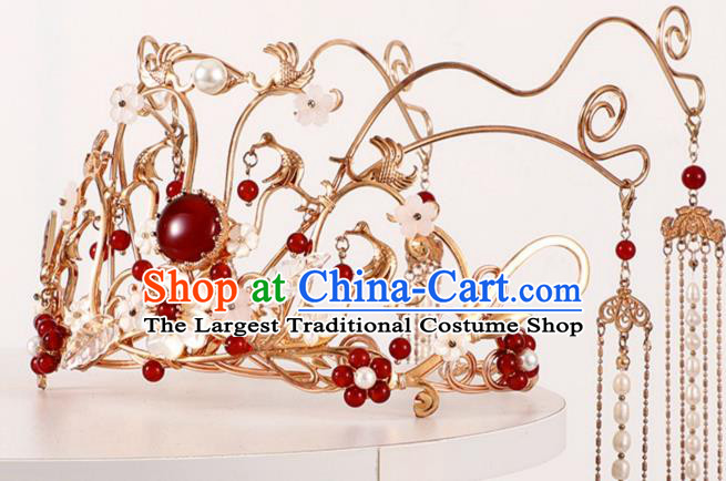China Traditional Wedding Xiuhe Suit Headdress Ancient Bride Pearls Tassel Hair Crown