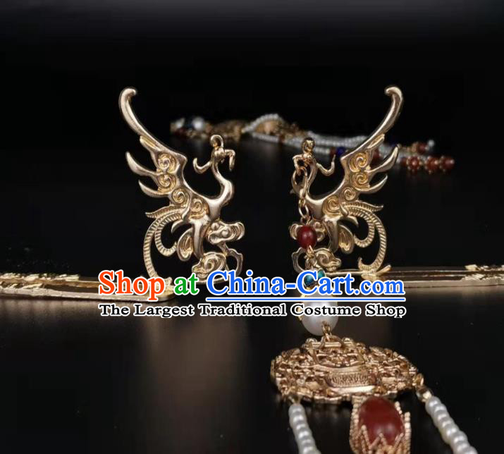 China Traditional Ming Dynasty Hair Accessories Ancient Empress Golden Phoenix Hair Crown and Pearls Tassel Hairpins