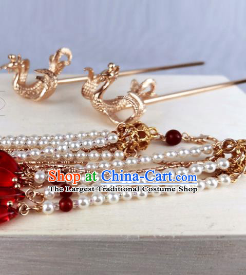 China Traditional Wedding Hair Accessories Ancient Princess Pearls Tassel Hair Crown and Golden Phoenix Hairpins