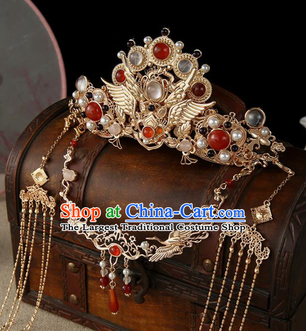 China Traditional Ming Dynasty Hanfu Hair Accessories Ancient Empress Golden Tassel Hair Crown