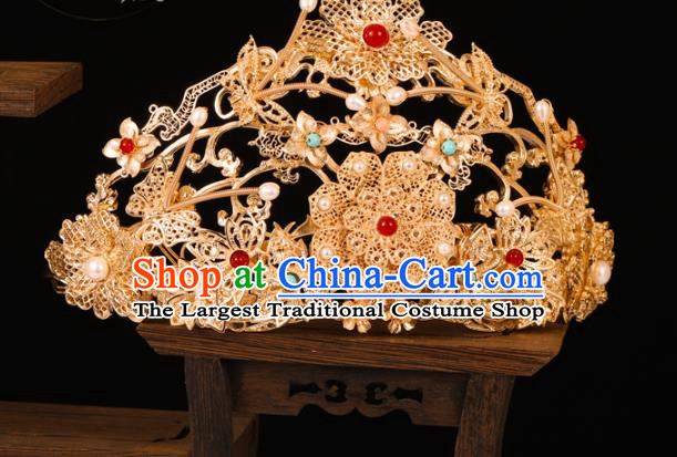 China Traditional Ming Dynasty Wedding Hair Accessories Ancient Empress Golden Peony Pearls Hair Crown