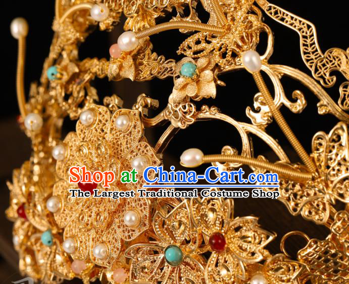 China Traditional Ming Dynasty Wedding Hair Accessories Ancient Empress Golden Peony Pearls Hair Crown
