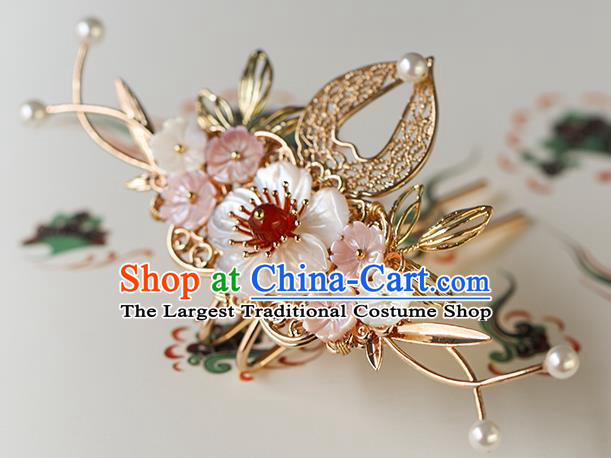 China Traditional Ming Dynasty Princess Golden Hairpin Ancient Palace Lady Shell Plum Hair Stick