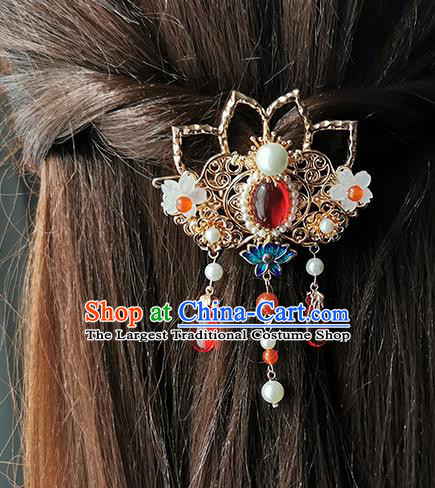 China Traditional Hanfu Tassel Hair Claw Ancient Palace Lady Golden Lotus Hair Stick
