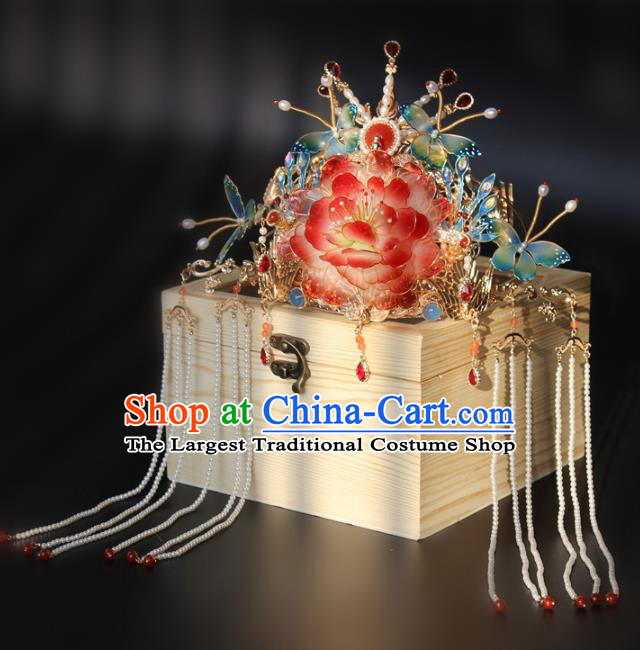 China Traditional Song Dynasty Court Headdress Handmade Ancient Imperial Concubine Red Peony Hair Crown