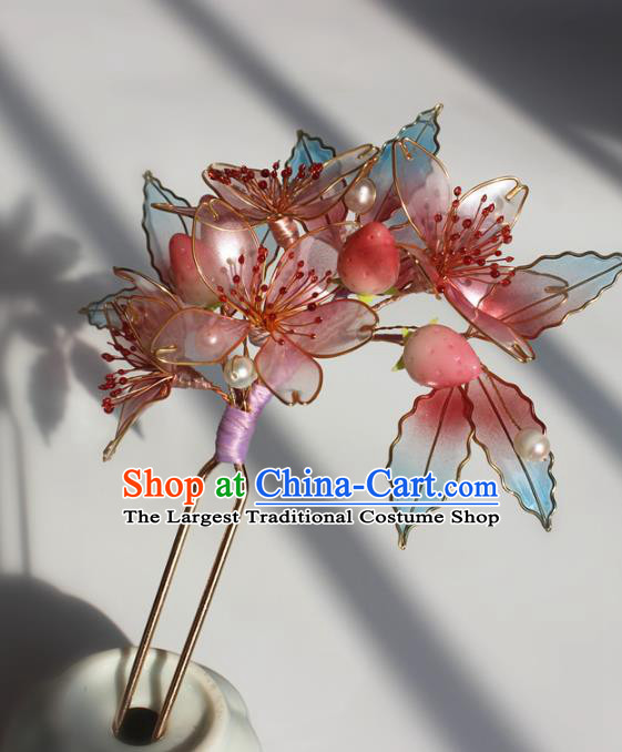 China Traditional Ming Dynasty Court Lady Hair Stick Ancient Princess Pink Flowers Hairpin