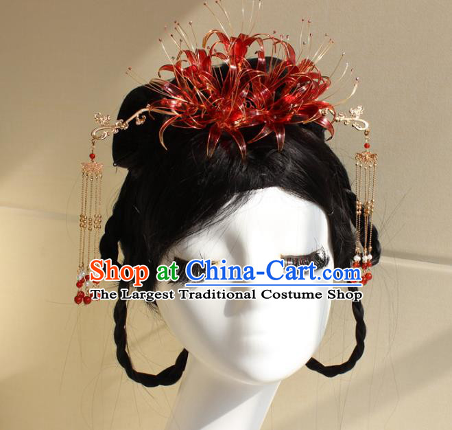 China Traditional Red Spider Lily Hair Crown Ancient Palace Princess Tassel Hairpin