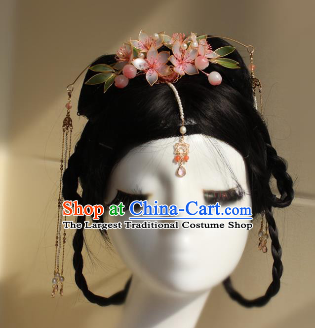 China Traditional Hanfu Beads Tassel Hair Crown Ancient Palace Princess Peach Blossom Hairpin