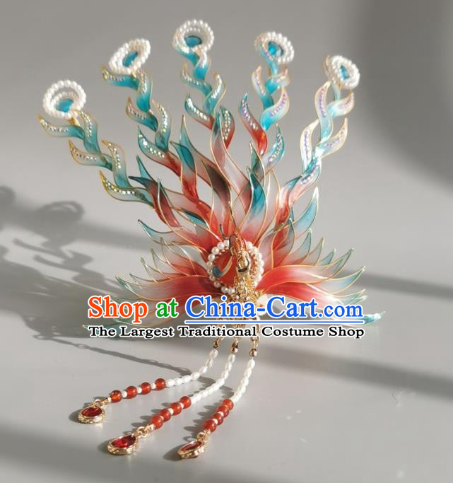 China Traditional Ming Dynasty Noble Woman Hair Crown Ancient Palace Princess Red Phoenix Tassel Hairpin