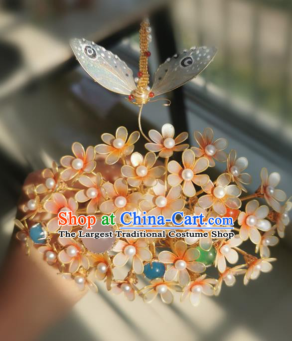 China Ancient Imperial Concubine Hairpin Traditional Song Dynasty Yellow Flowers Dragonfly Hair Crown
