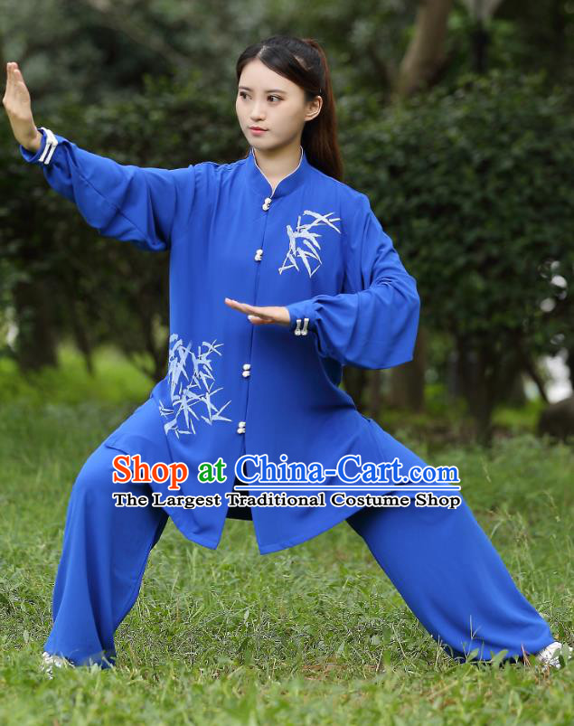 China Traditional Martial Arts Printing Bamboo Blue Uniforms Tai Chi Training Costumes
