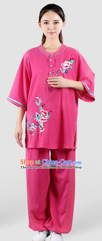 China Traditional Martial Arts Embroidered Rosy Flax Uniforms Tai Chi Kung Fu Costumes