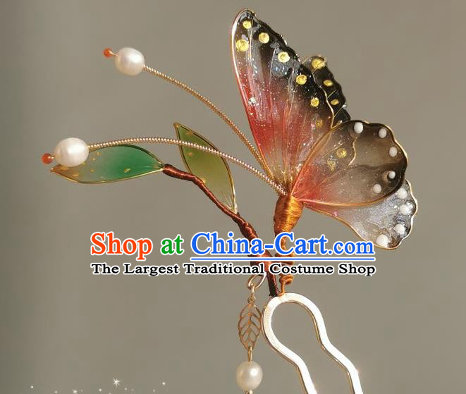 China Traditional Cheongsam Hairpin Handmade Ancient Princess Red Butterfly Hair Stick