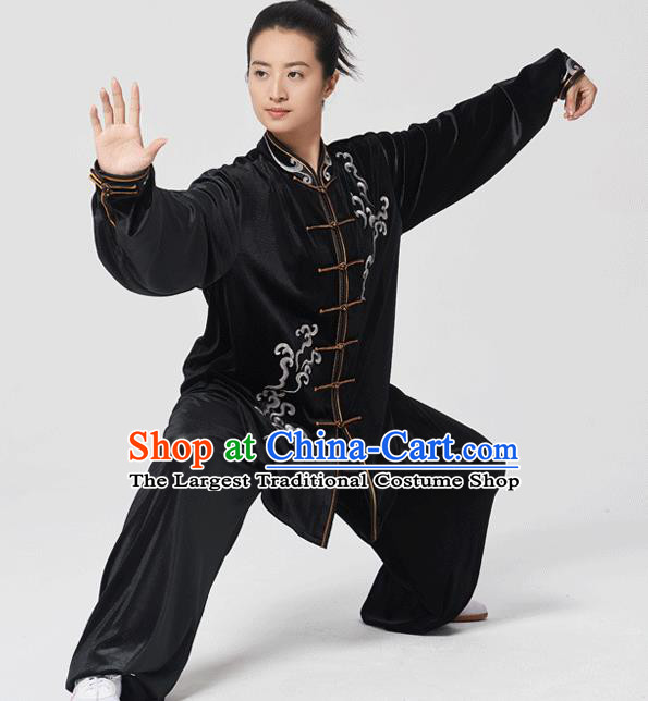 China Traditional Martial Arts Embroidered Black Velvet Uniforms Tai Chi Kung Fu Performance Costumes