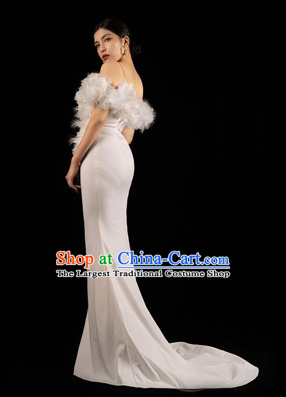 Top Grade Annual Meeting Slim Full Dress Catwalks White Feather Off Shoulder Dress Stage Show Clothing